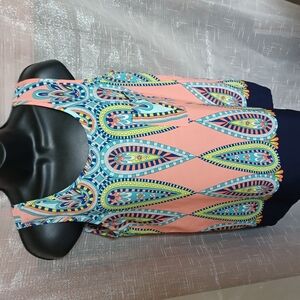 Pink Owl tank top, Peach & Navy, front pocket,  cool back detail,  S